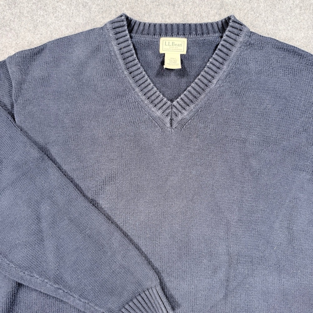LL Bean Mens XXL V-Neck Sweater Navy Blue 100% Cotton Knit Pullover 0FW82